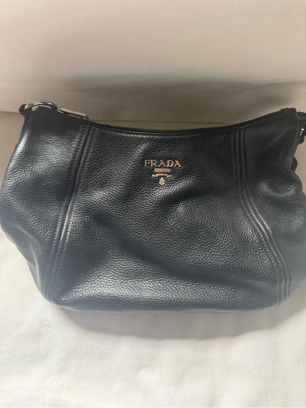 Prada Black Pebbled Leather Shoulder Bag with Gold Logo